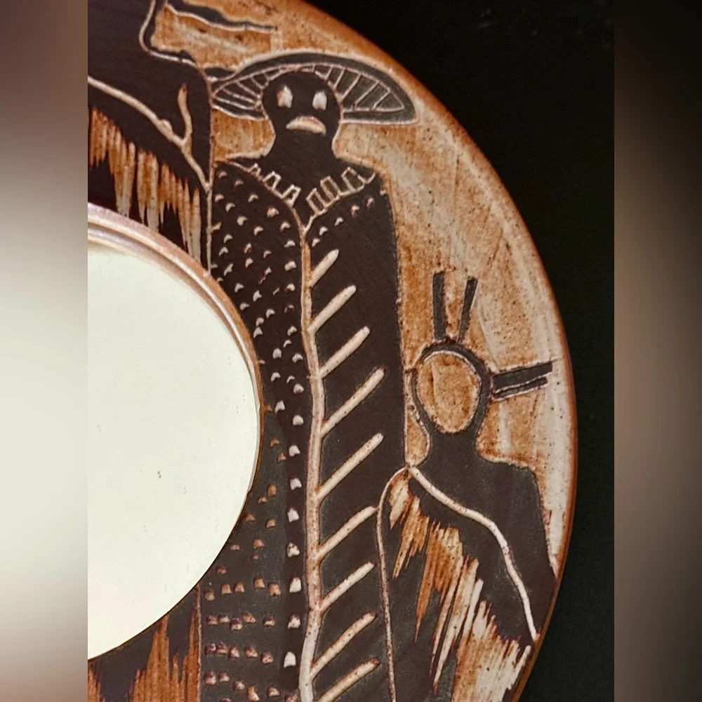 Signed 1998 Unique Southwest Studio Pottery Wall Mirror. Tribal Desert Decor